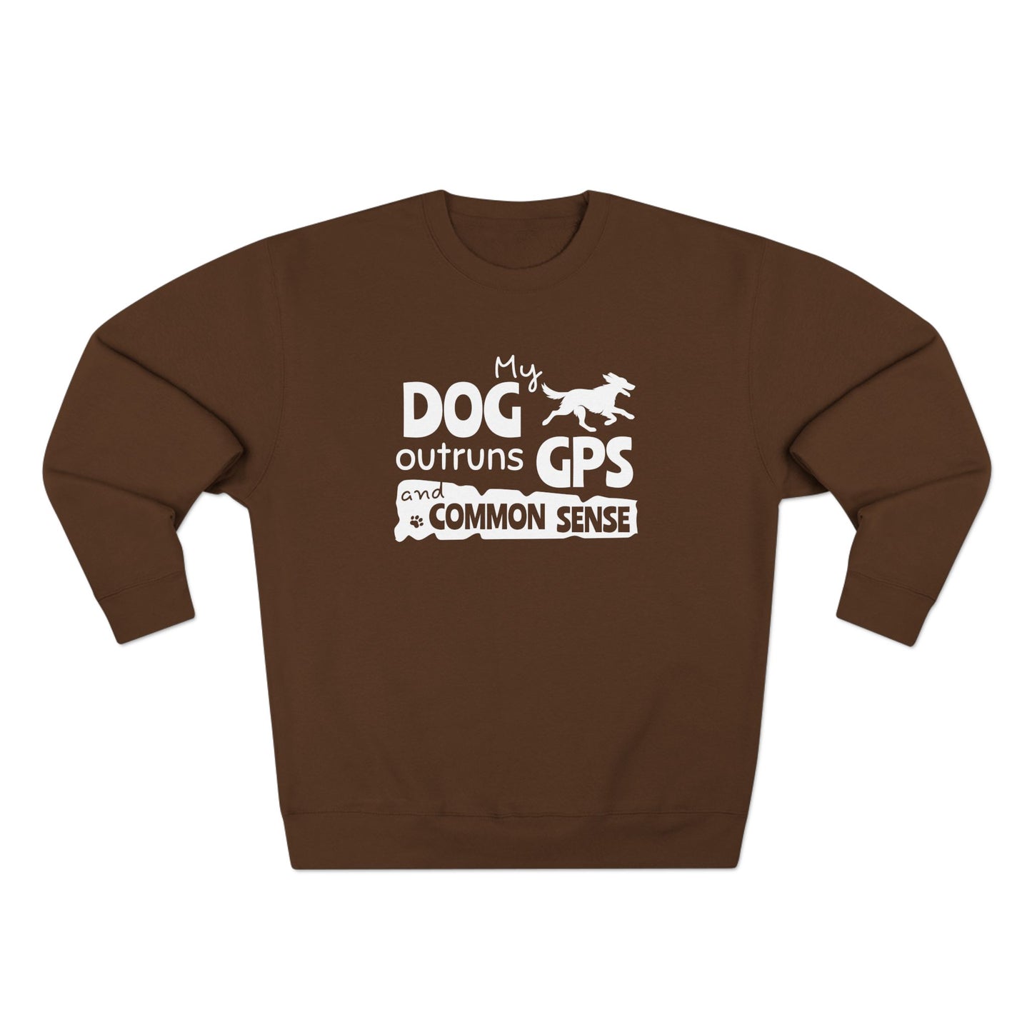 Brown sweatshirt with white text and dog graphic on a white background