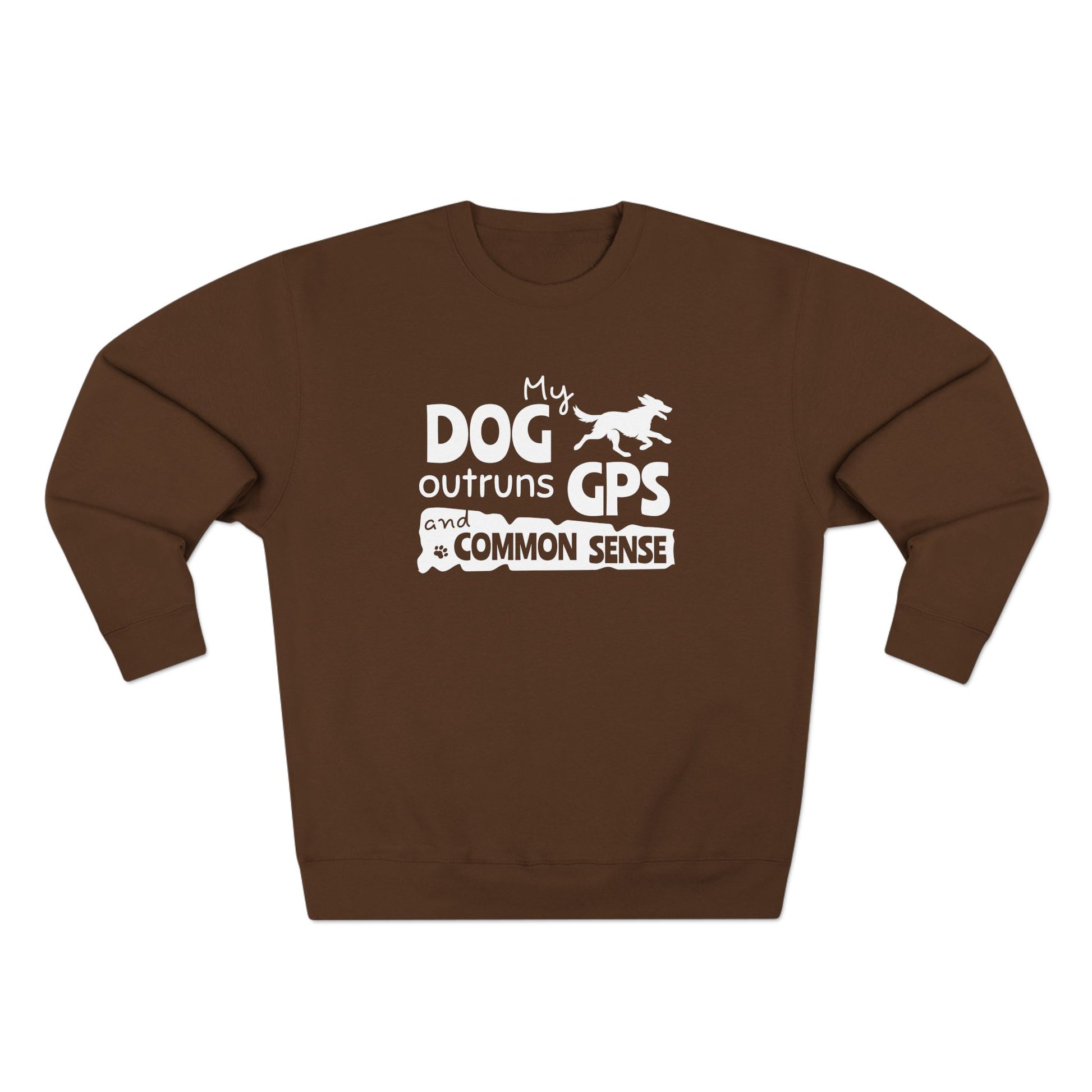 Brown sweatshirt with white text and dog graphic on a white background