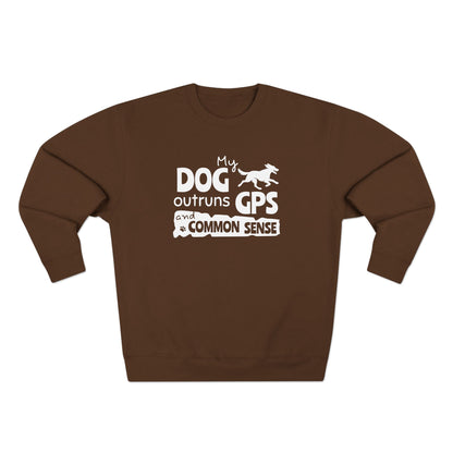 Brown sweatshirt with white text and dog graphic on a white background