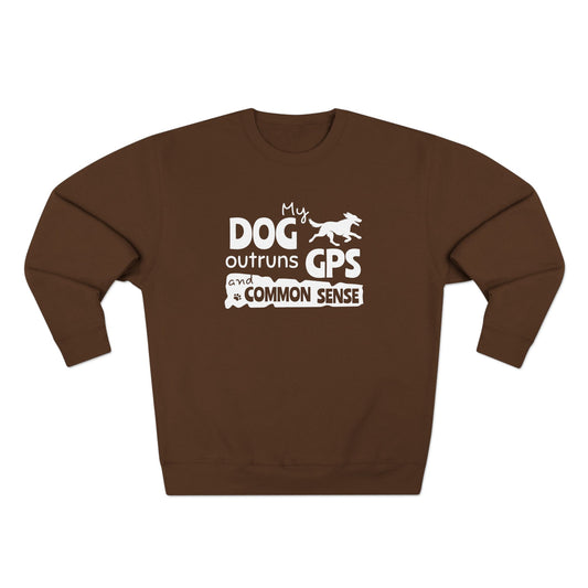 Brown sweatshirt with white text and dog graphic on a white background