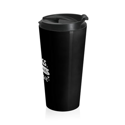 Black travel mug with a white text design on a white background