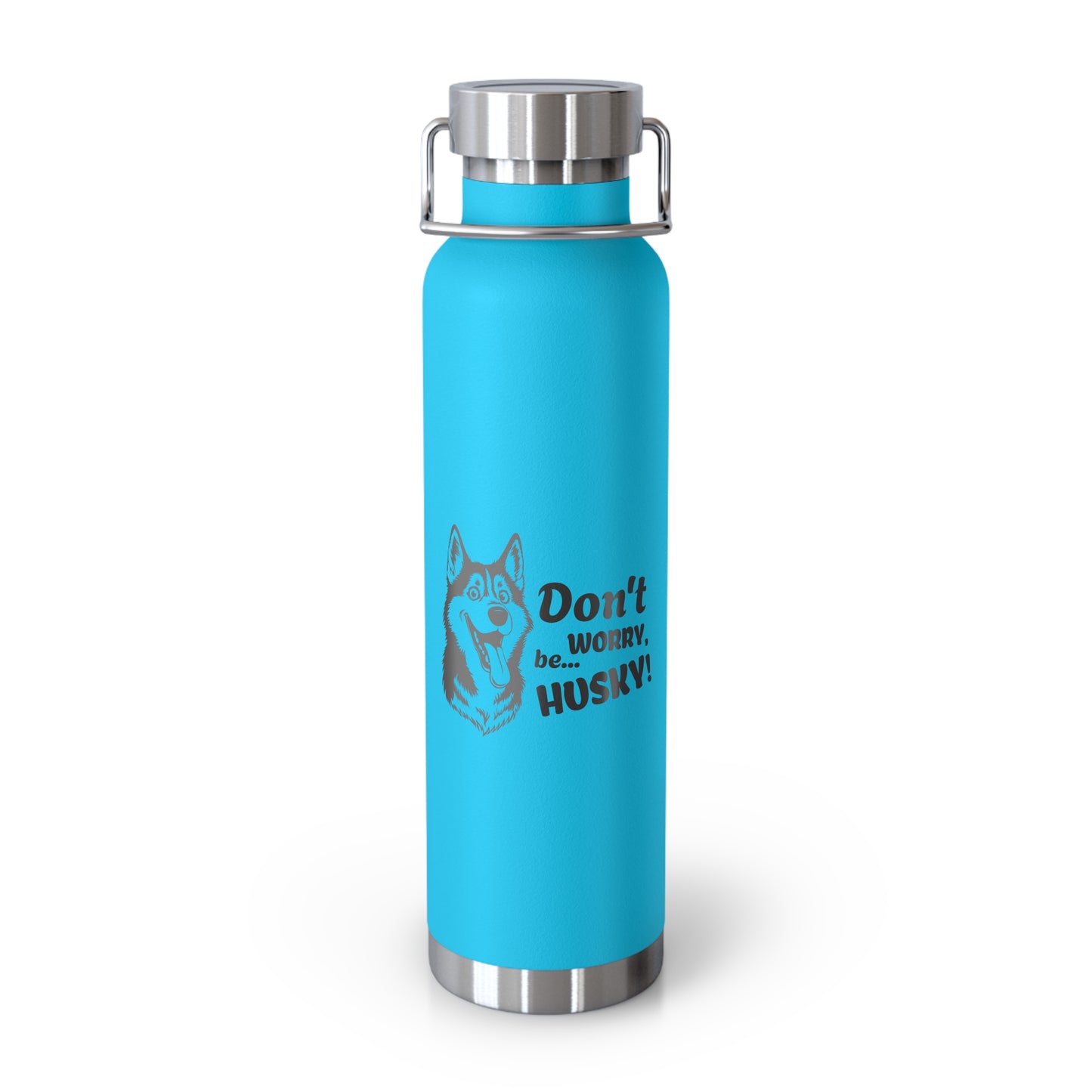 Turquoise water bottle with silver lid and husky design on a white background
