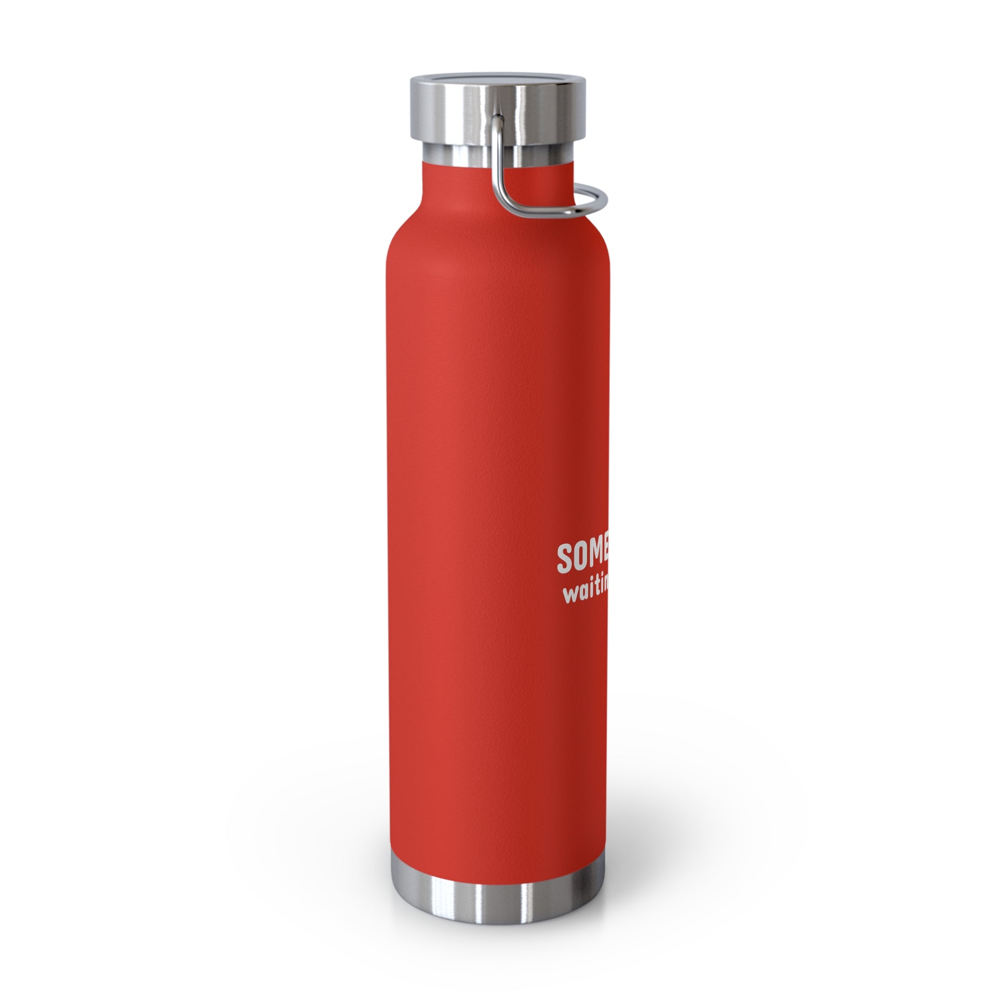 Red water bottle with silver lid and handle on a white background