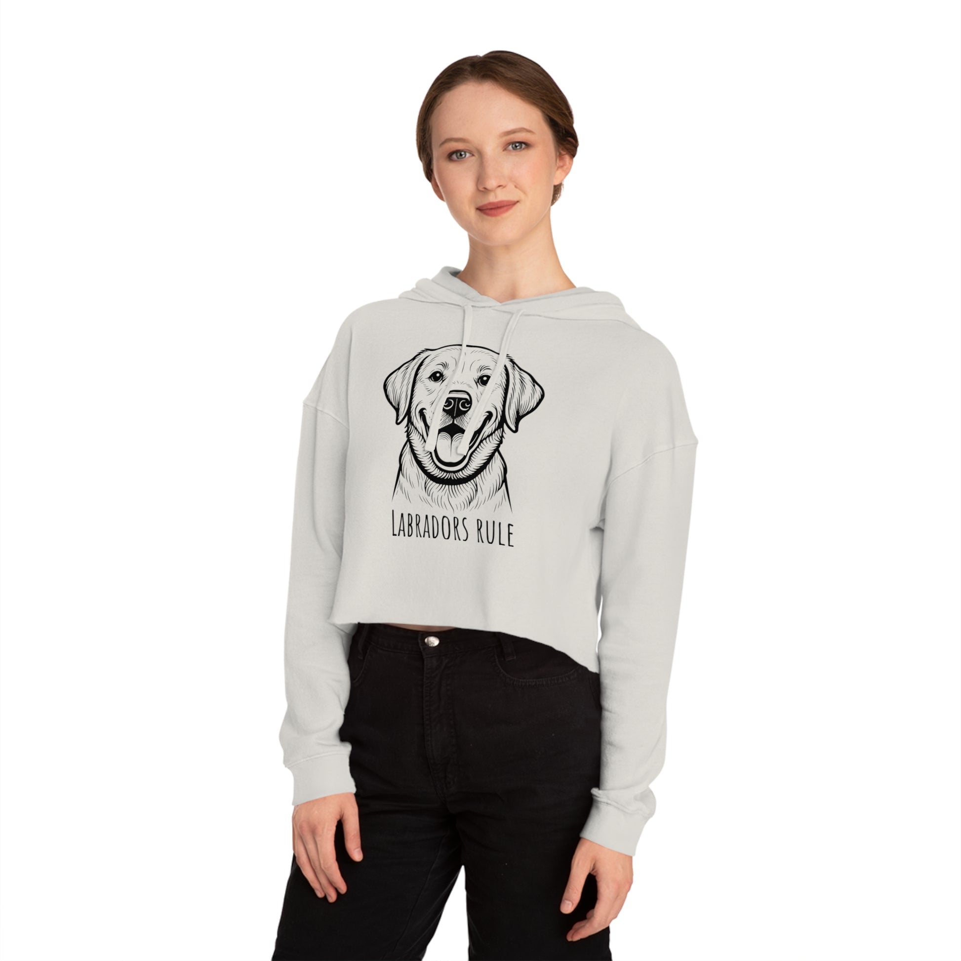 Person wearing a gray hoodie with a dog graphic and 'Labradors Rule' text on a white background