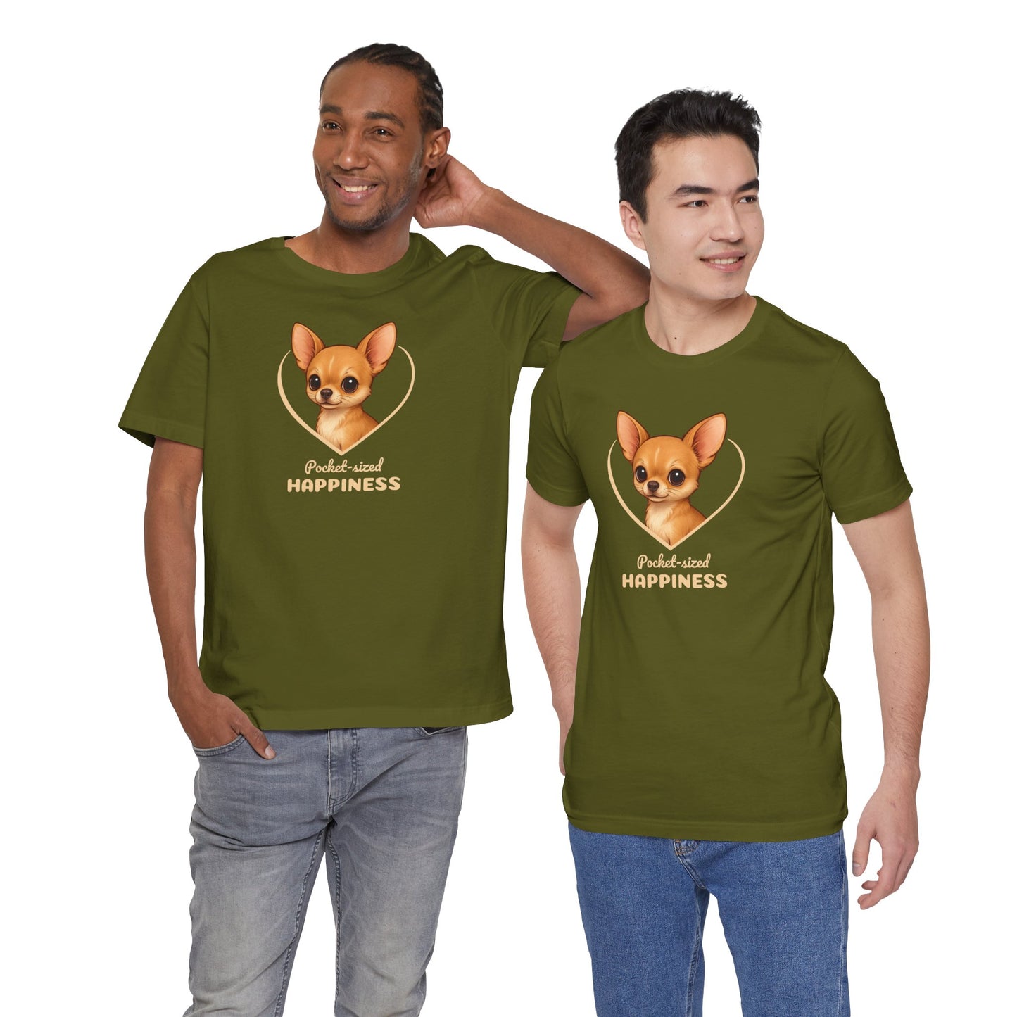 Two men wearing green t-shirts with a dog illustration and text on a white background