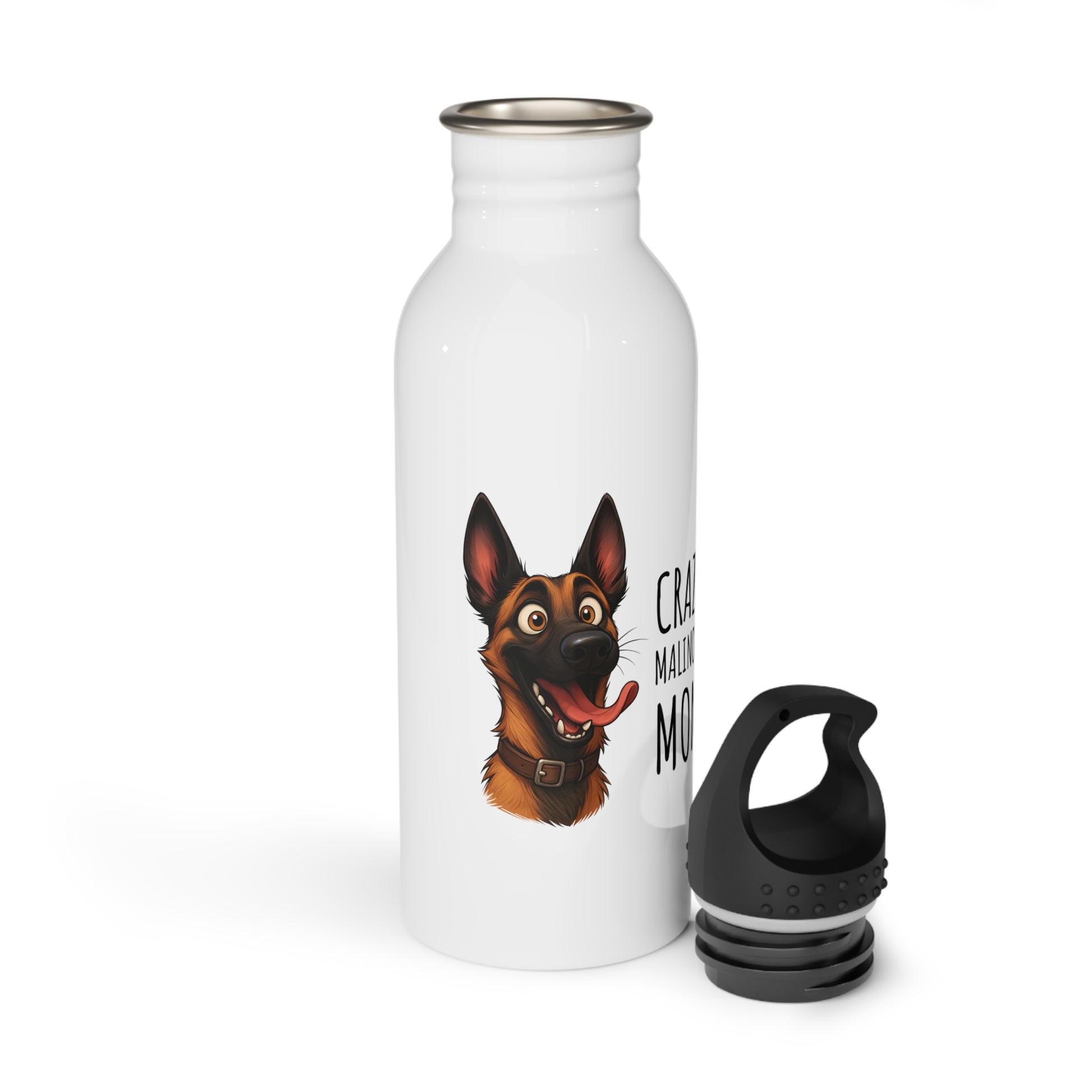 White water bottle with a dog illustration and text on a white background