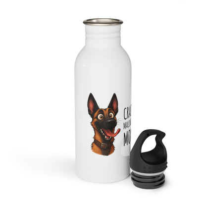 White water bottle with a dog illustration and text on a white background