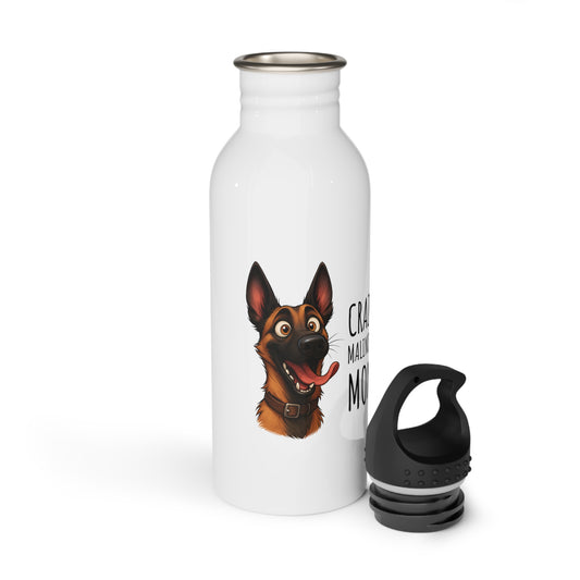 White water bottle with a dog illustration and text on a white background