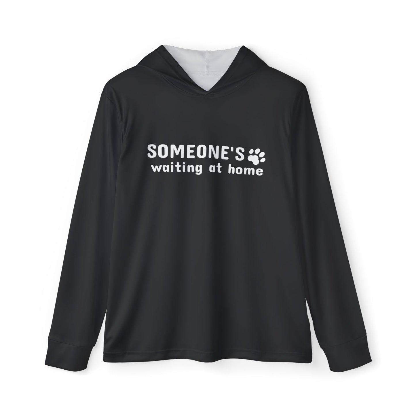 Black hoodie with text 'SOMEONE'S waiting at home' on a white background