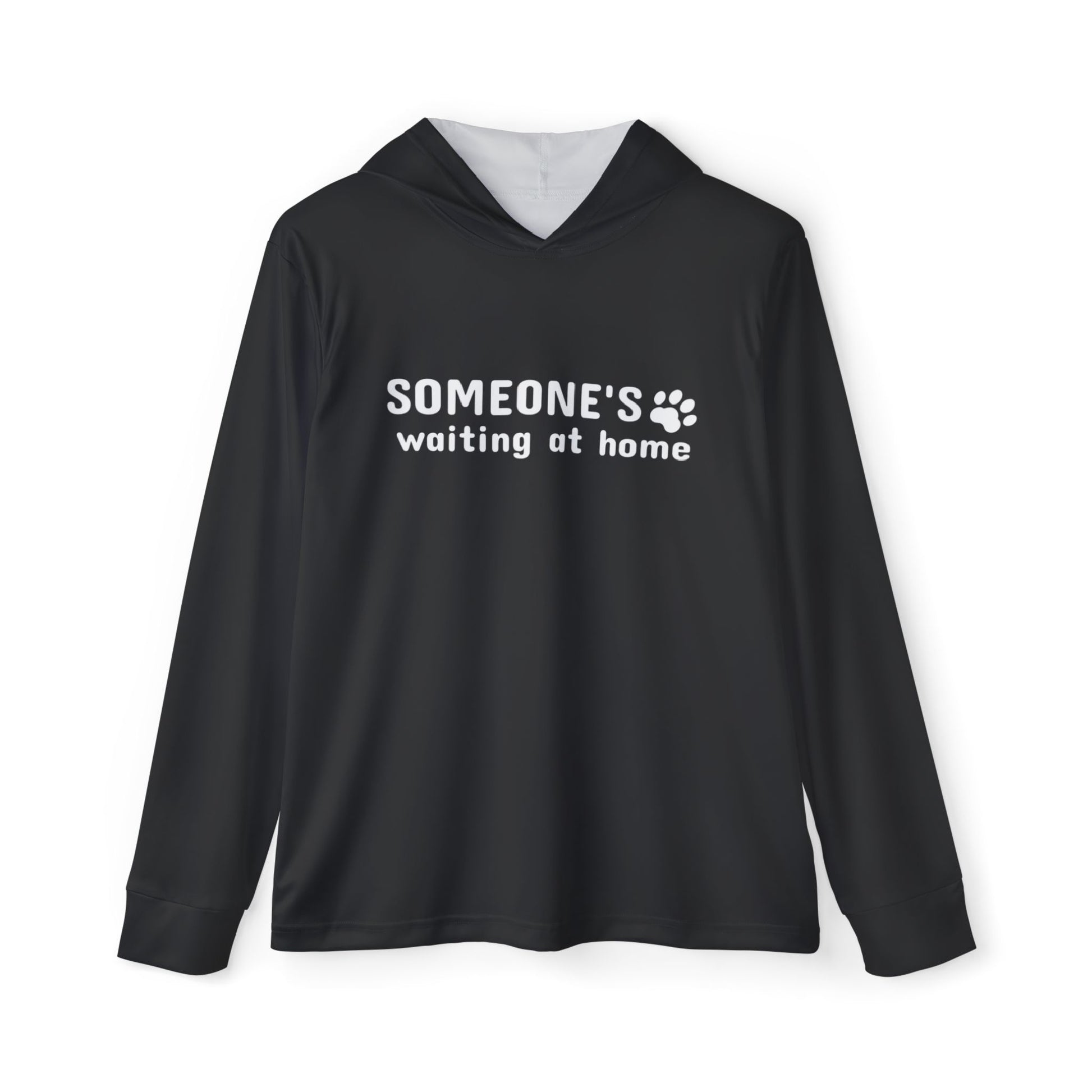 Black hoodie with text 'SOMEONE'S waiting at home' on a white background