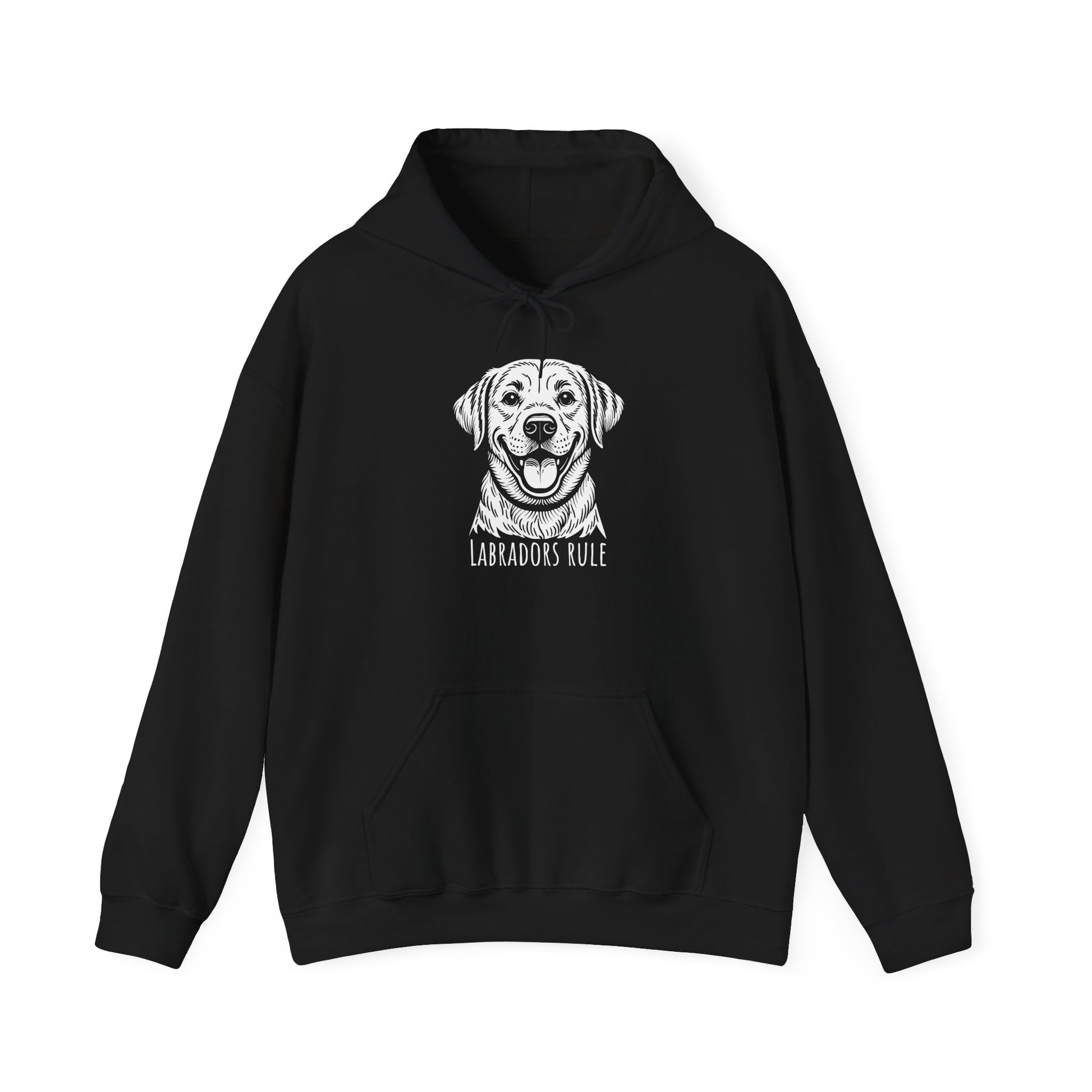 Black hoodie with a white labrador graphic and 'Labradors Rule' text on a white background