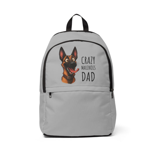 Gray backpack with a dog illustration and text on a white background