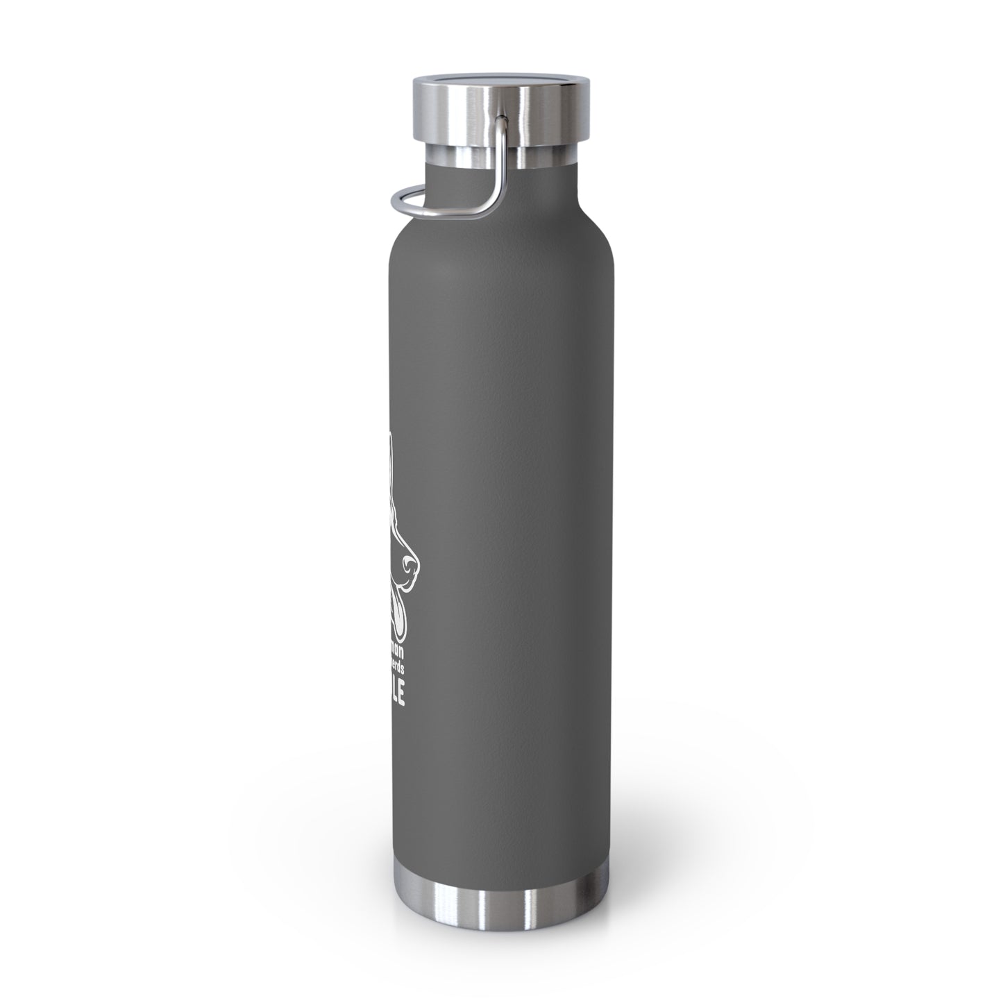 Gray water bottle with silver cap on a white background