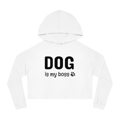 White hoodie with 'DOG is my boss' text on a white background