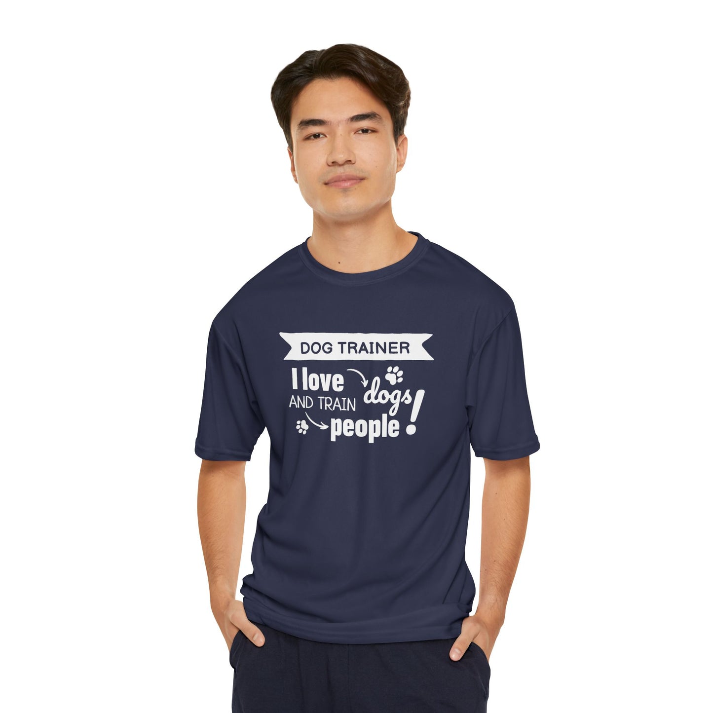 Man wearing a navy blue t-shirt with a humorous dog trainer quote on a white background