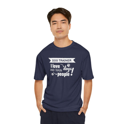 Man wearing a navy blue t-shirt with a humorous dog trainer quote on a white background