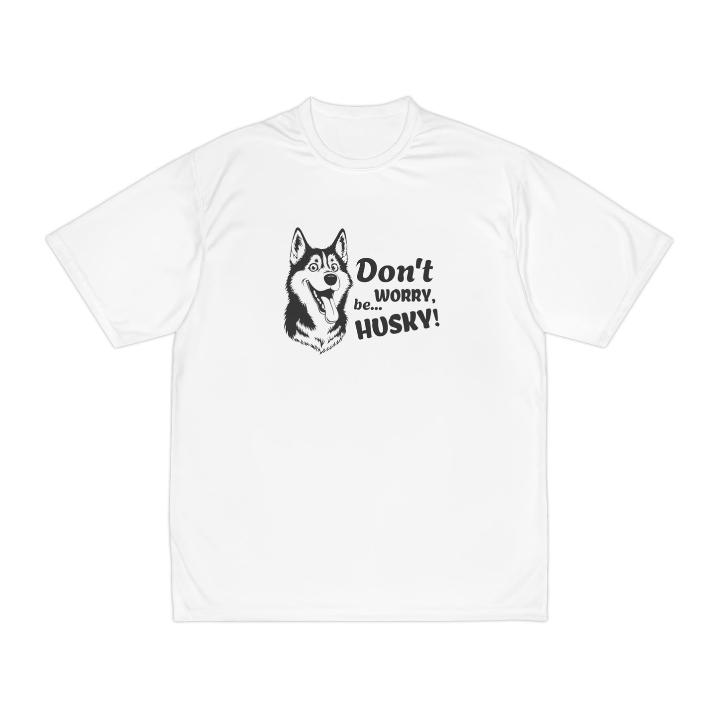 White t-shirt with a husky graphic and text on a white background