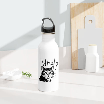 White water bottle with a black cat illustration and 'What?' text on a white surface.