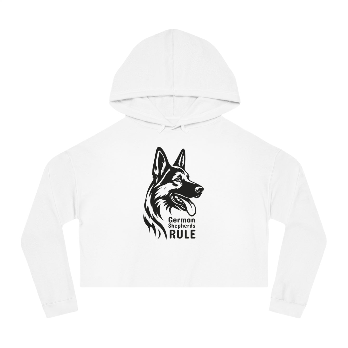White hoodie with a black German Shepherd design and 'German Shepherds Rule' text on a white background