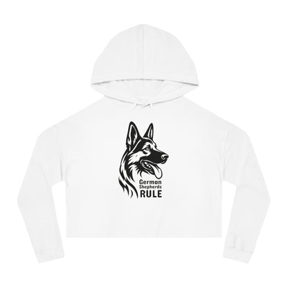 White hoodie with a black German Shepherd design and 'German Shepherds Rule' text on a white background