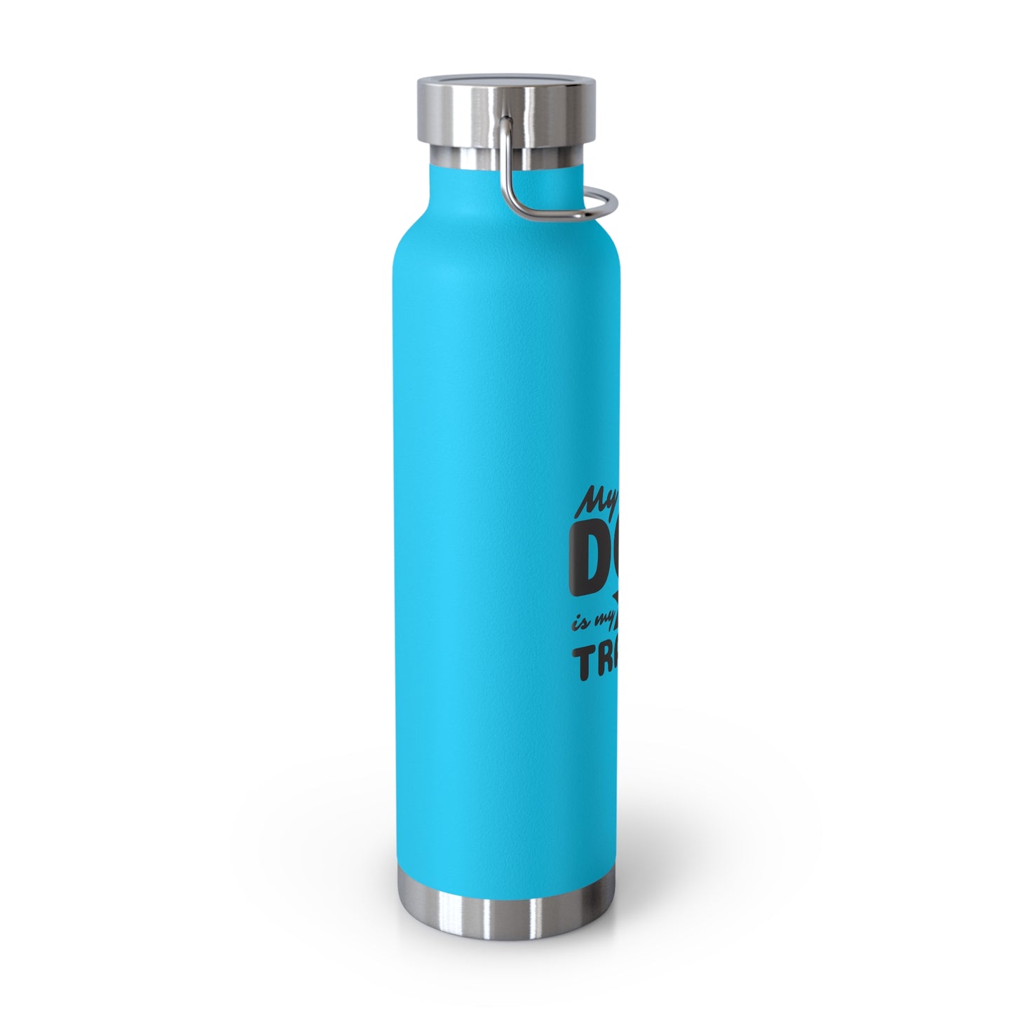 Blue water bottle with silver lid and text on a white background