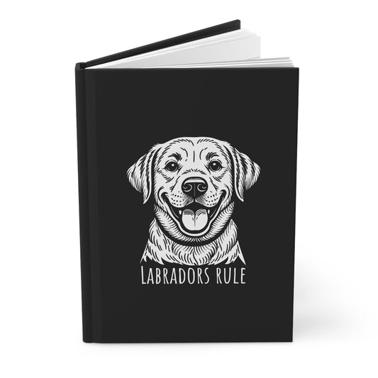 Black notebook with a white labrador illustration and 'Labradors Rule' text on a white background