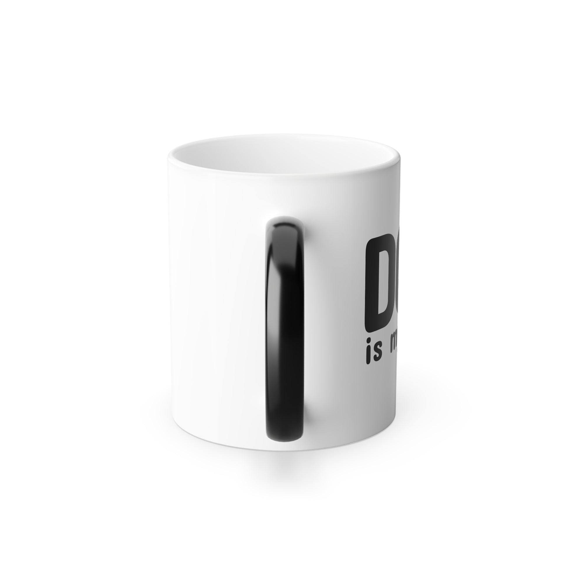 White mug with black handle and text on a white background
