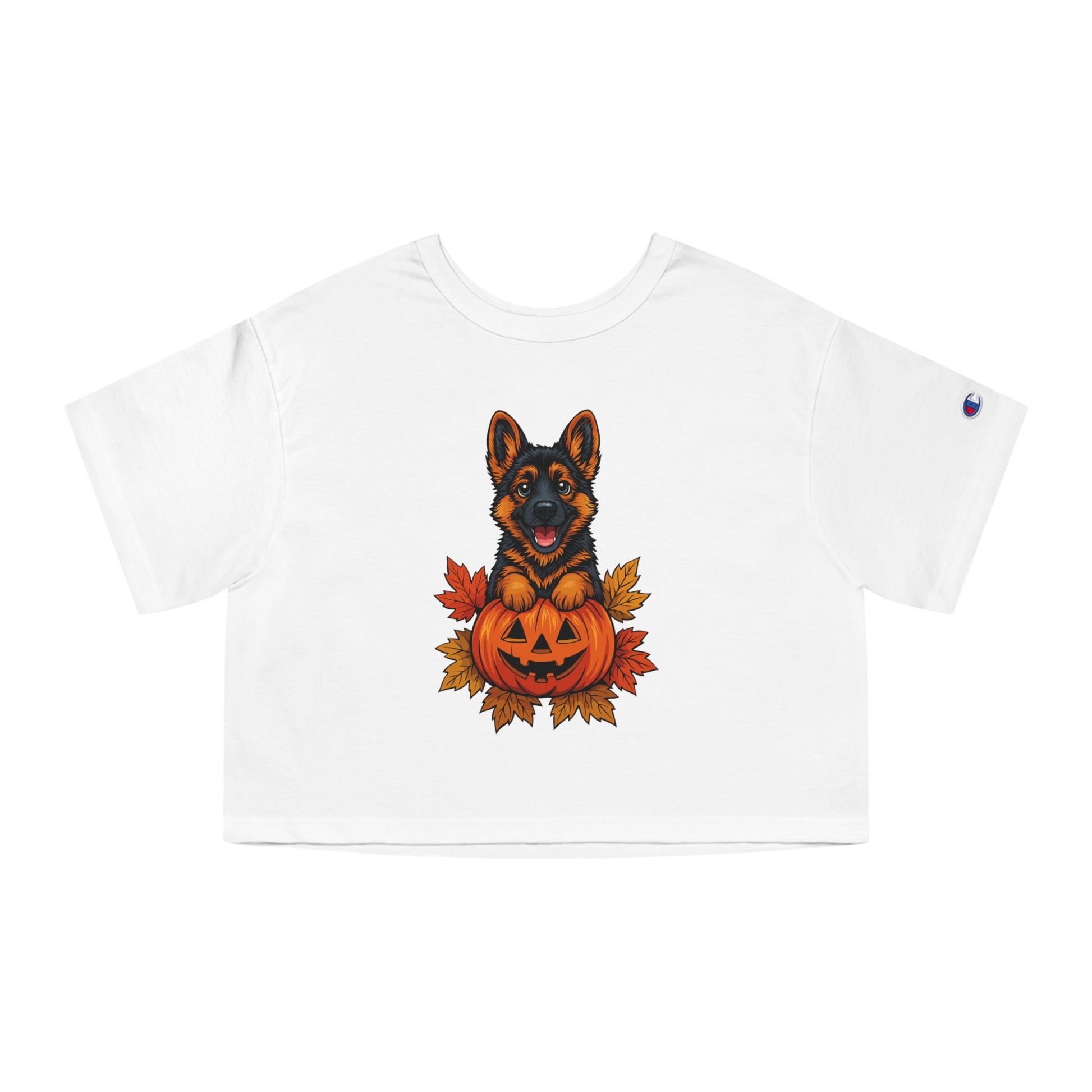 White t-shirt with a graphic of a dog in a pumpkin on a white background