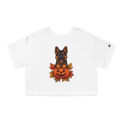 White t-shirt with a graphic of a dog in a pumpkin on a white background