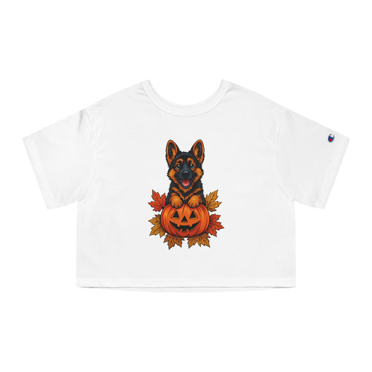 White t-shirt with a graphic of a dog in a pumpkin on a white background