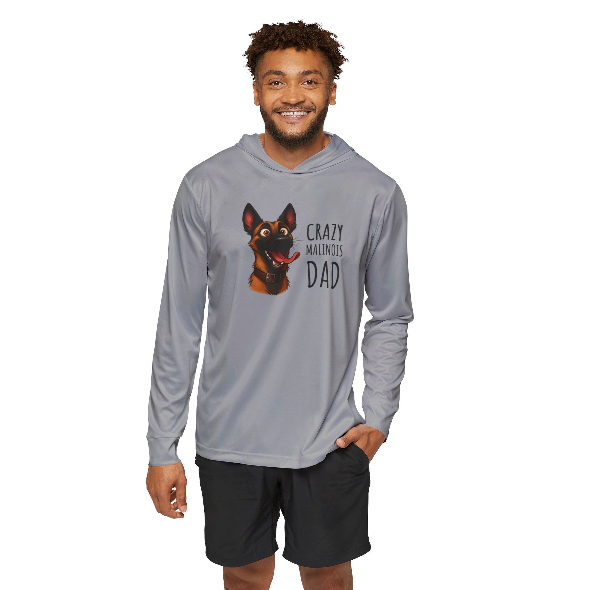 Man wearing a gray hoodie with a dog graphic and text on a white background