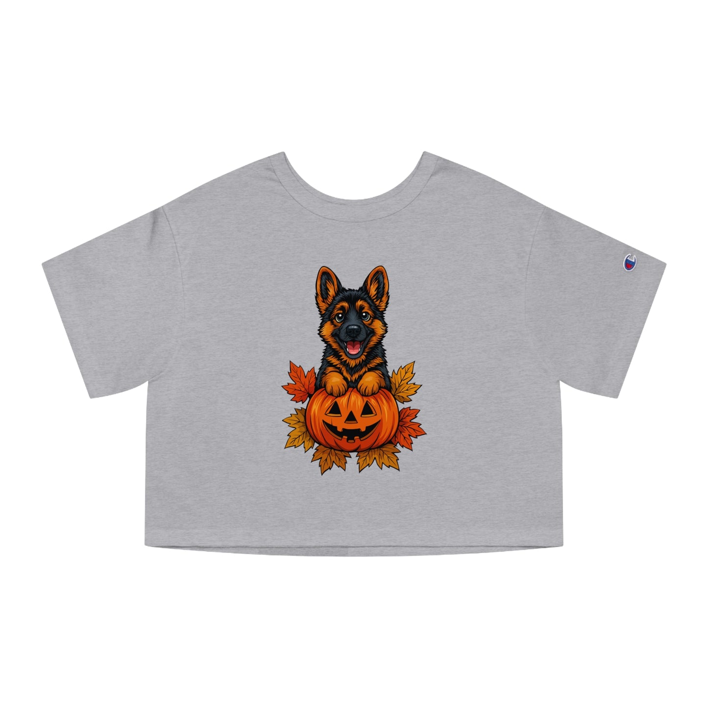 Gray t-shirt with a Halloween-themed design featuring a dog and pumpkin on a white background