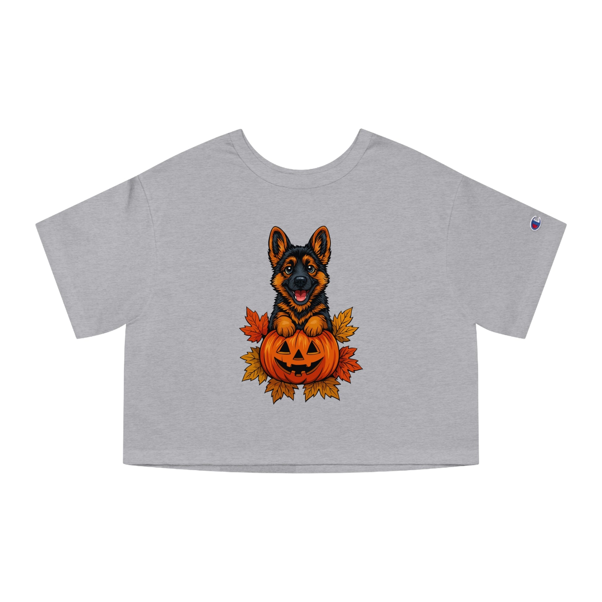 Gray t-shirt with a Halloween-themed design featuring a dog and pumpkin on a white background