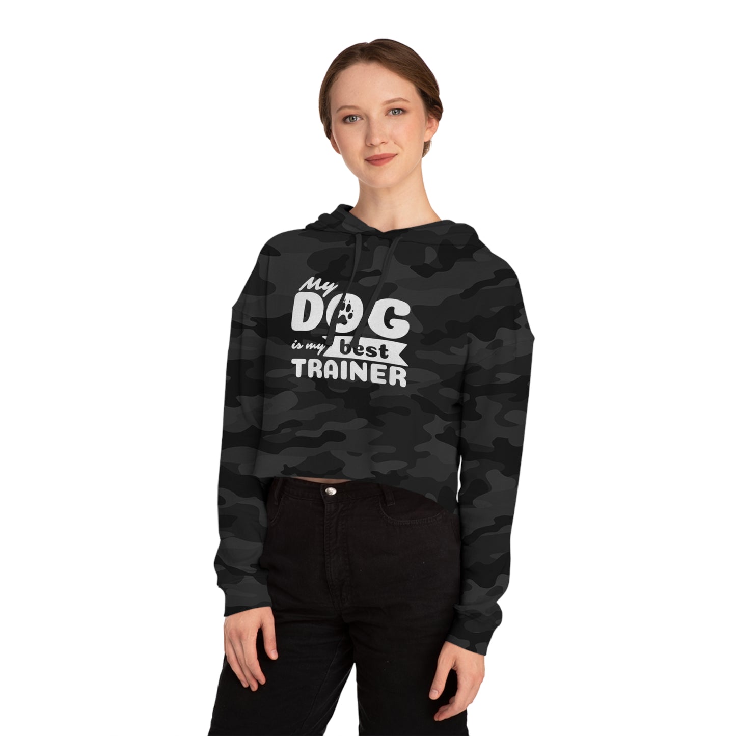 Person wearing a black camouflage hoodie with text on a white background