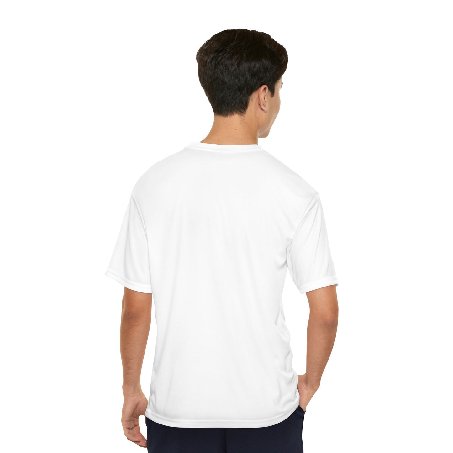 Man wearing a white t-shirt on a white background