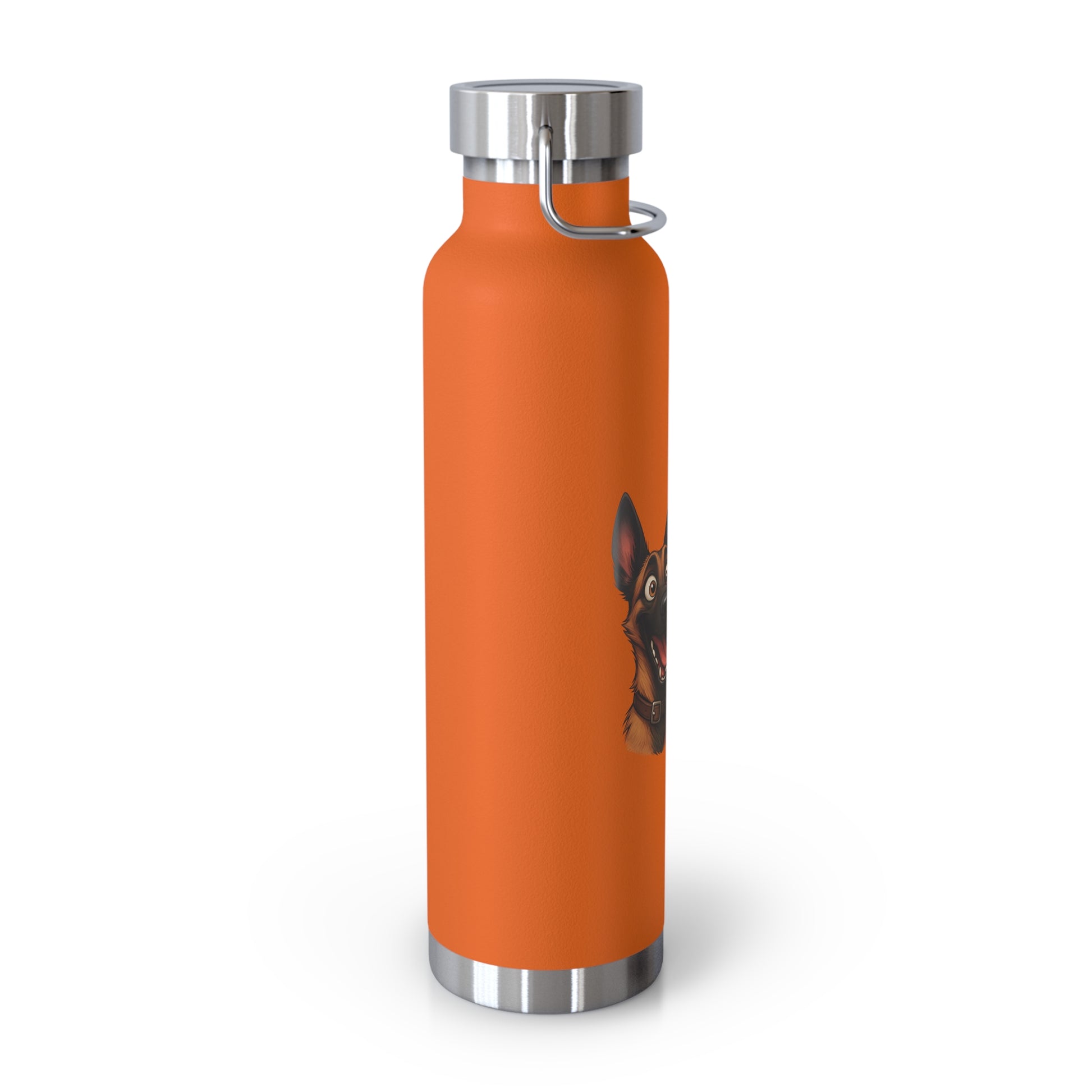 Orange water bottle with a dog illustration on a white background