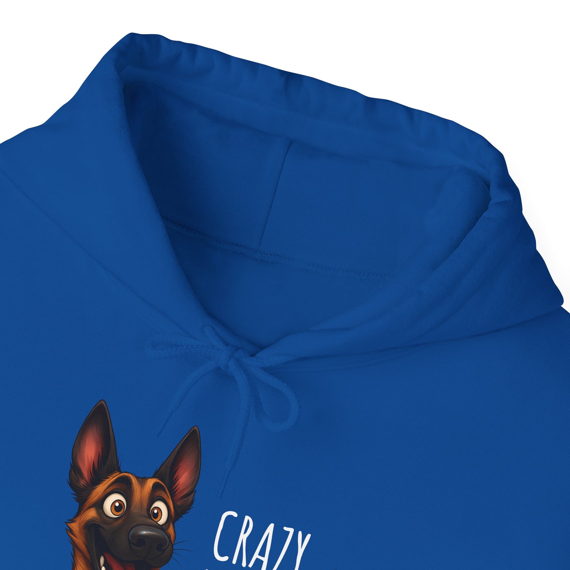 Blue hoodie with a cartoon dog face and the word 'CRAZY' on a white background