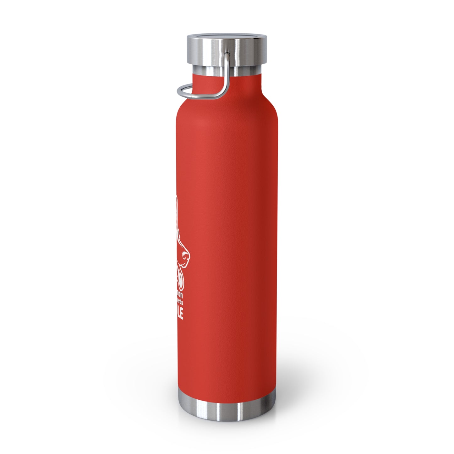 Red water bottle with silver cap and base on a white background