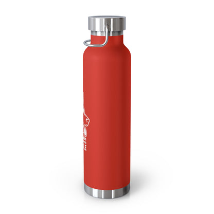 Red water bottle with silver cap and base on a white background