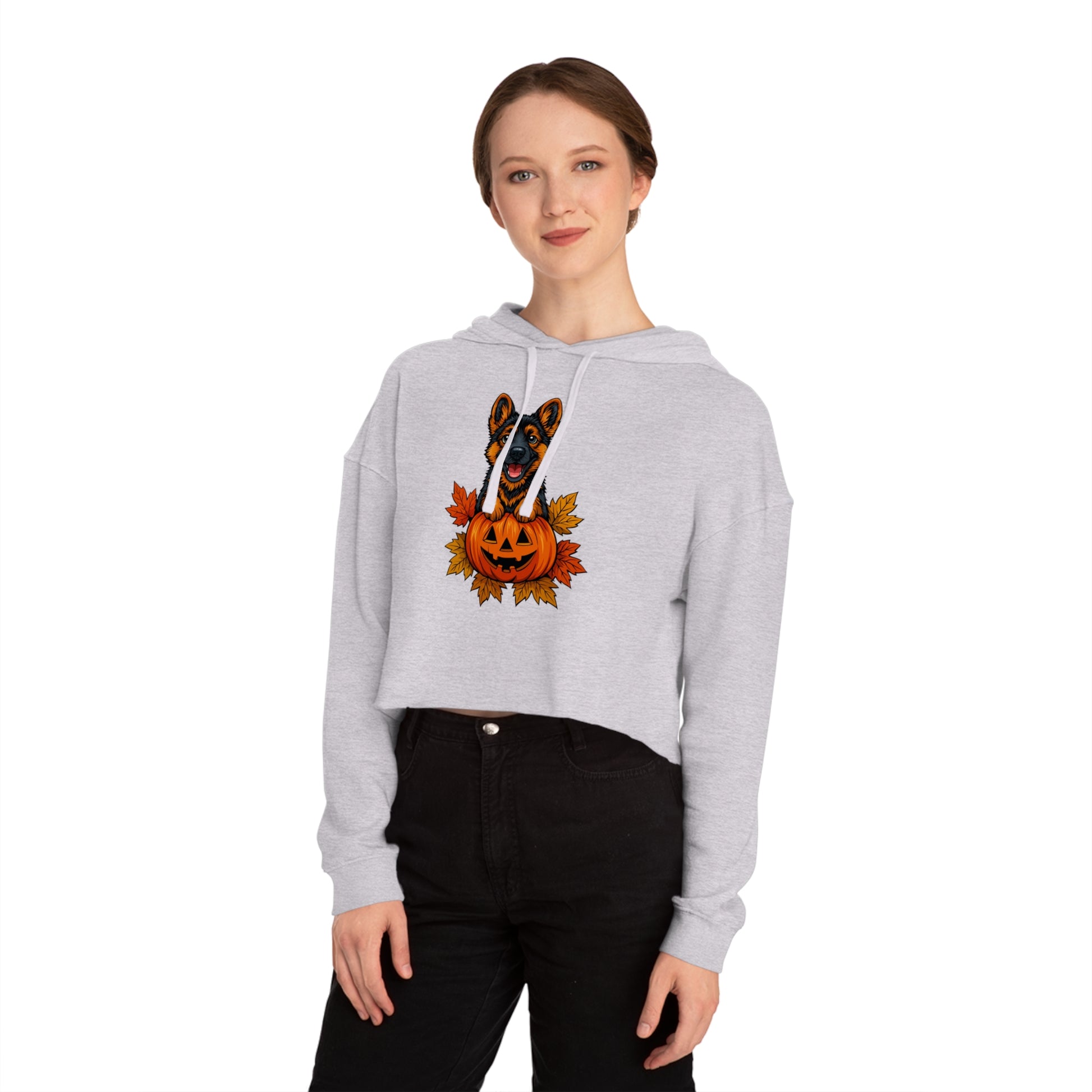 Person wearing a gray hoodie with a Halloween-themed design on a white background
