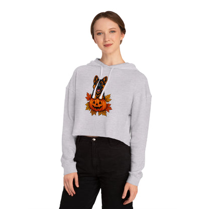 Person wearing a gray hoodie with a Halloween-themed design on a white background