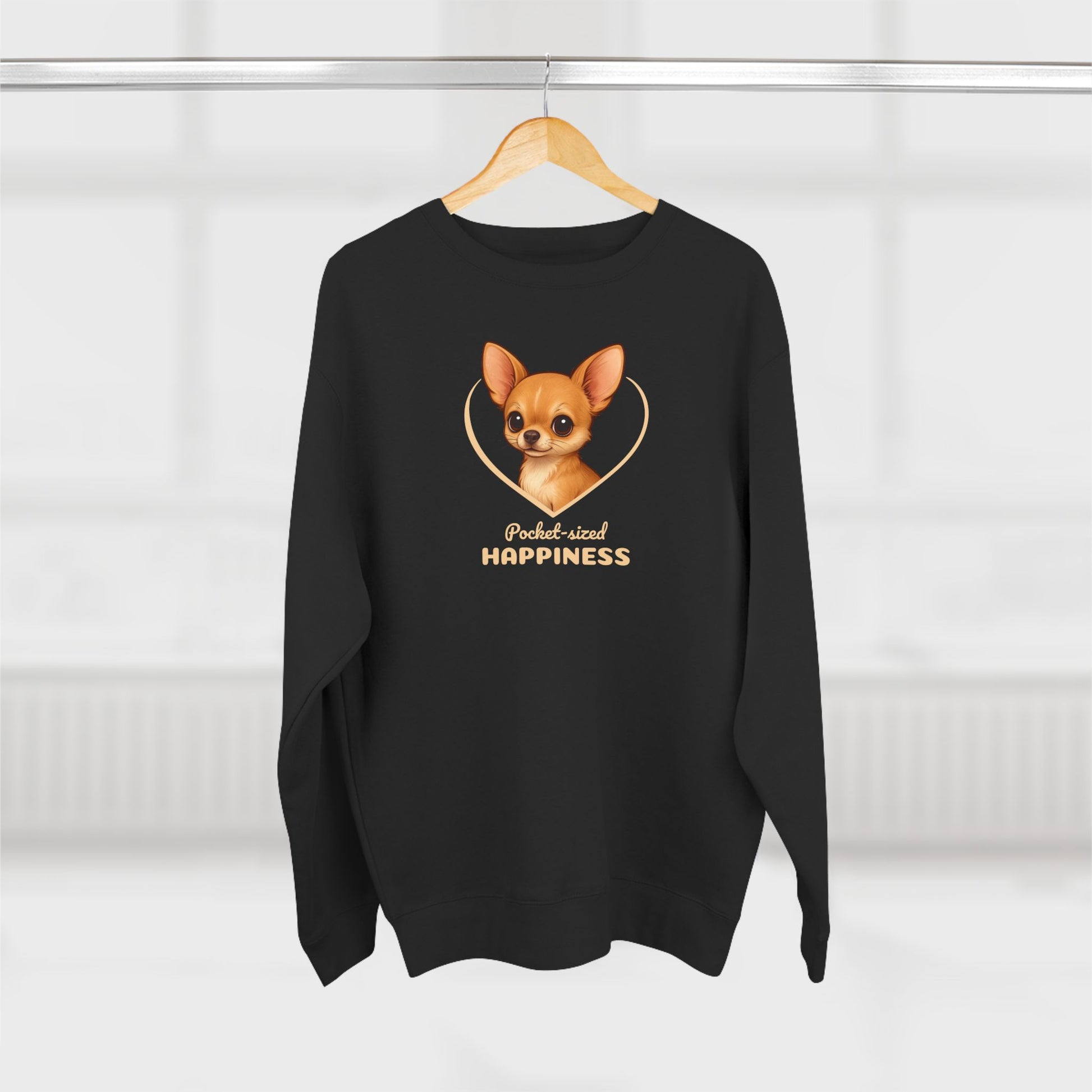 Black sweatshirt with a dog graphic and text on a white background