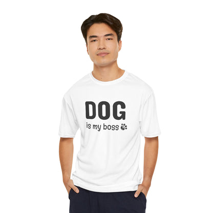 Man wearing a white t-shirt with 'DOG is my boss' text on a white background