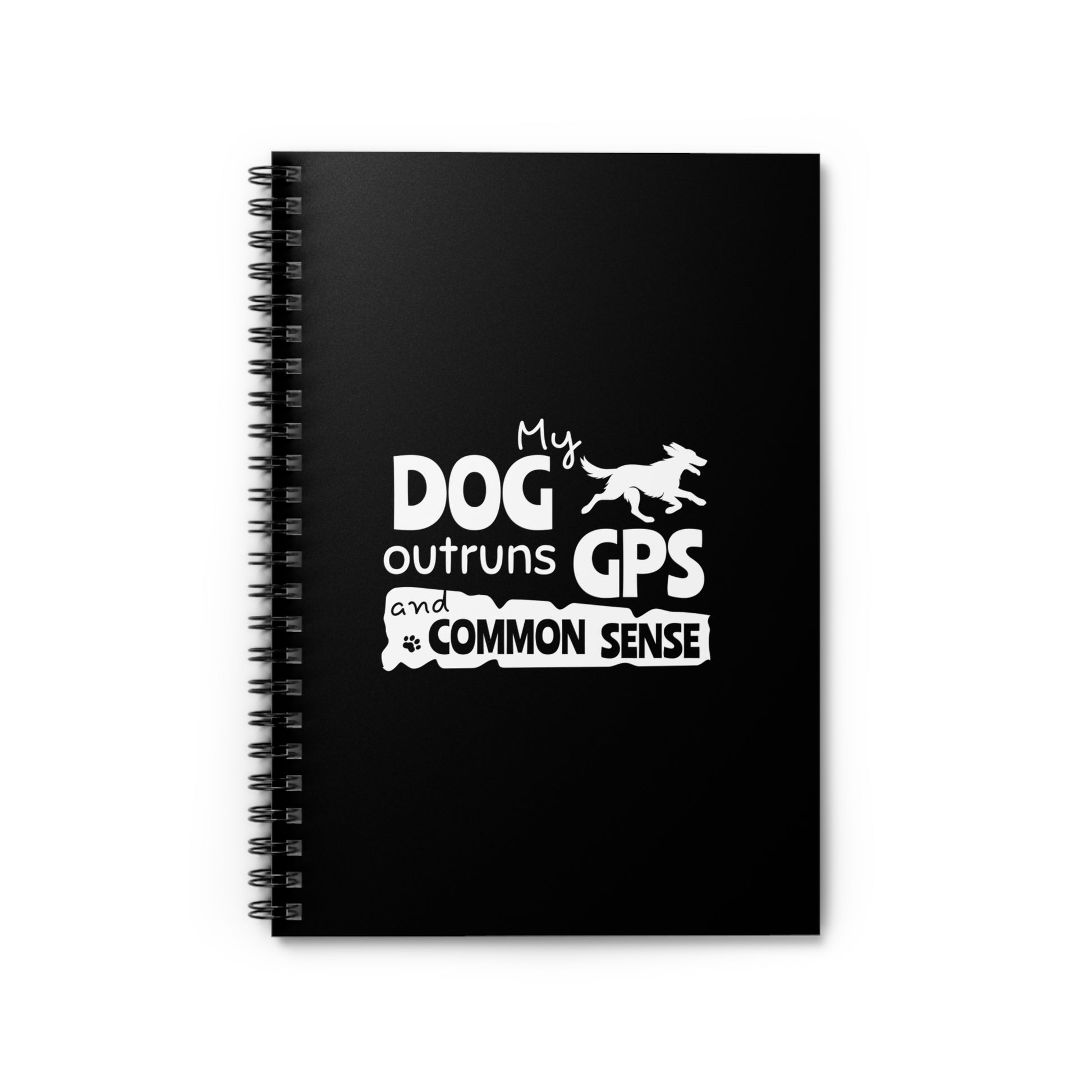 Black notebook with white text and dog illustration on a white background