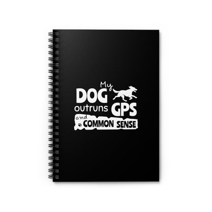 Black notebook with white text and dog illustration on a white background