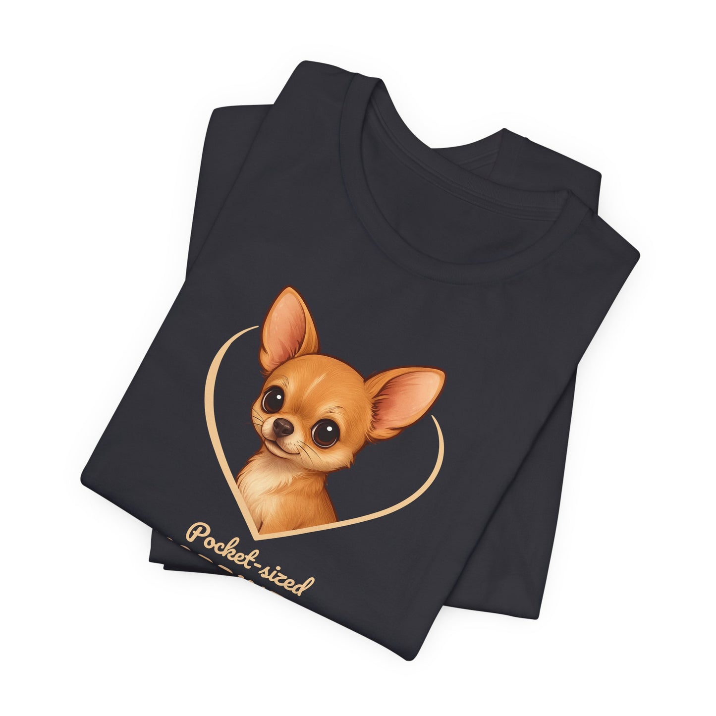Black t-shirt with a cartoon dog design and 'pocket-sized' text on a white background