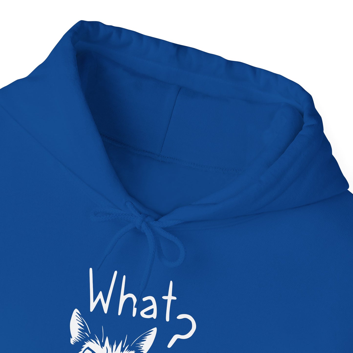 Blue hoodie with white text and graphic on a white background
