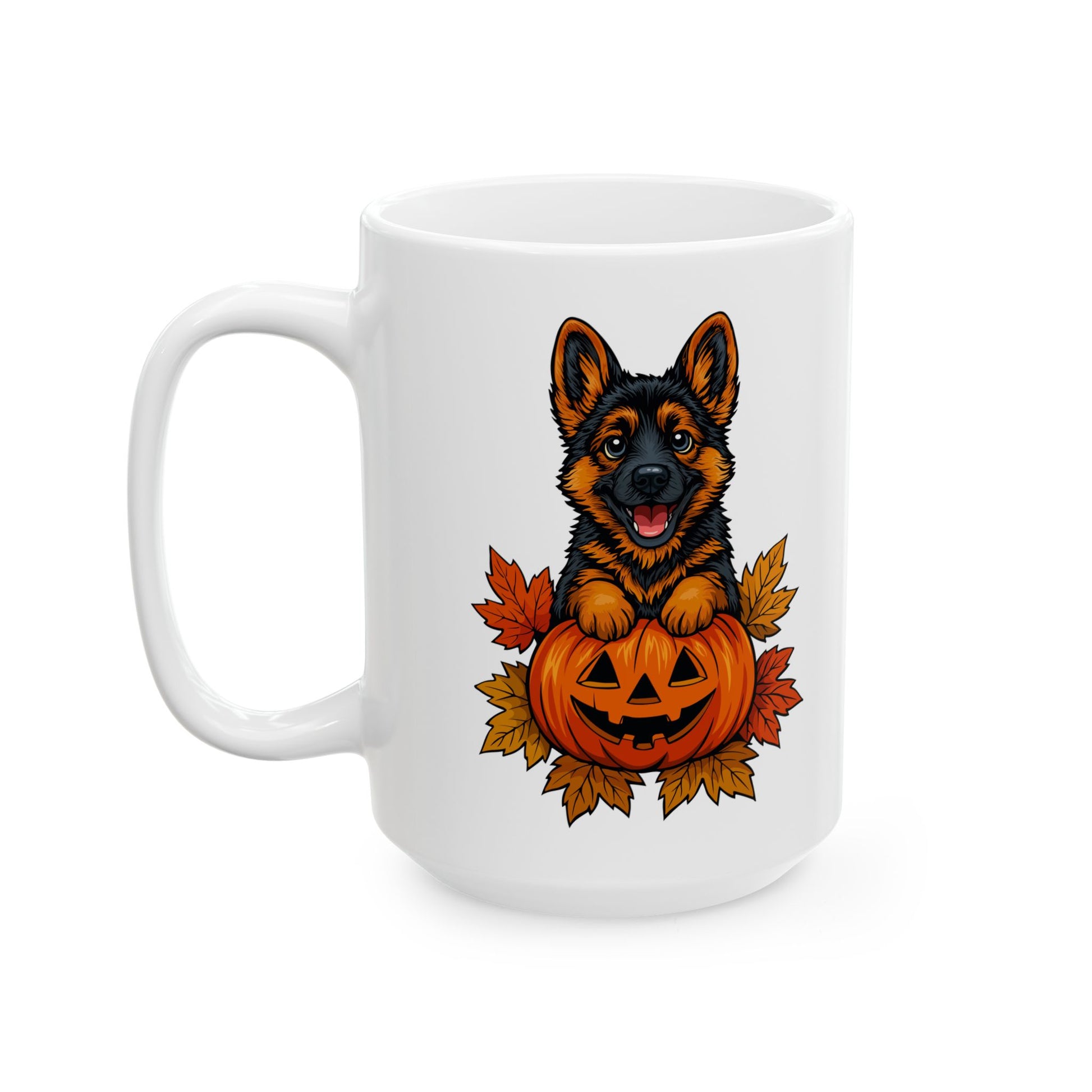 White mug with a design of a German Shepherd dog sitting on a pumpkin surrounded by autumn leaves.