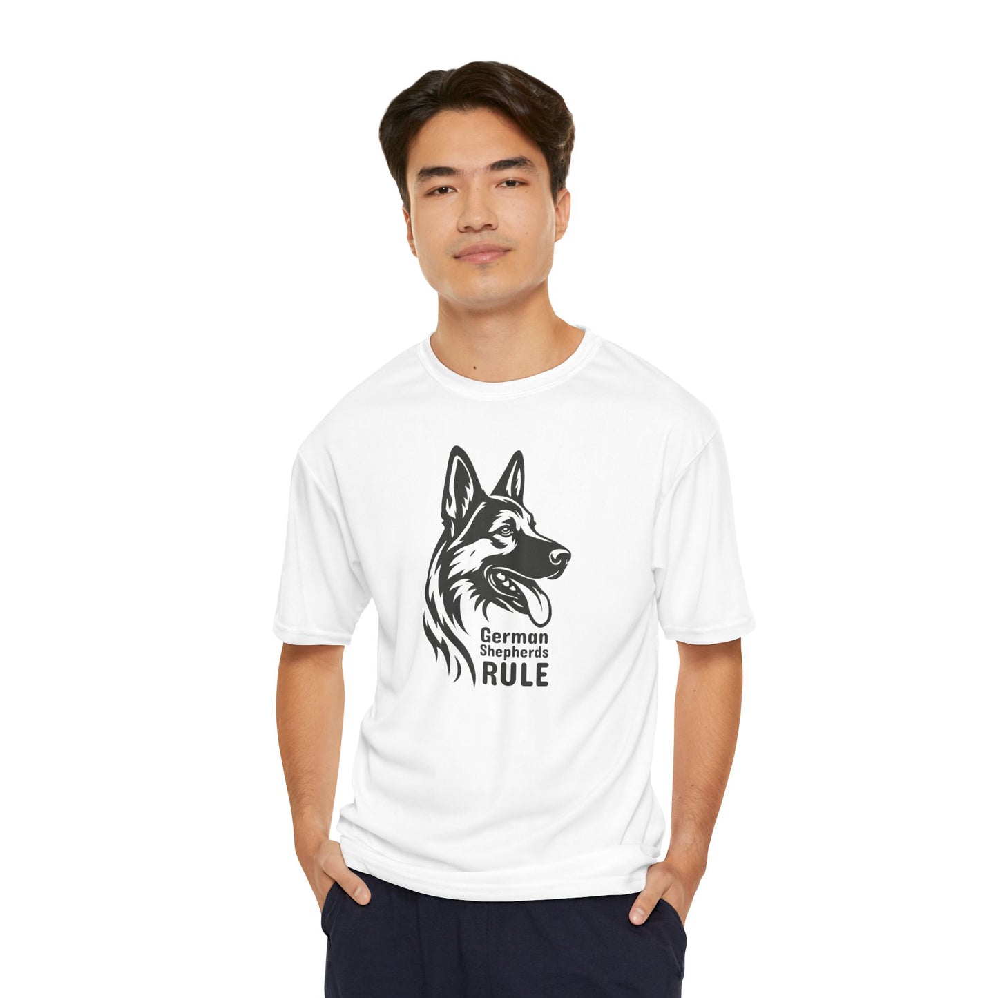 Man wearing a white t-shirt with a German Shepherd design and 'German Shepherds Rule' text on a white background