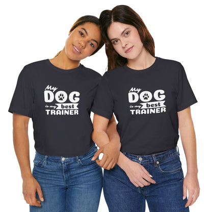 Two people wearing black t-shirts with 'My dog is my best trainer' text.